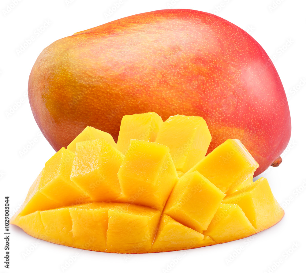 Ripe mango fruit and mango cut into hedgehog-shaped style on white background. File contains clipping path. Ripe mango fruit and mango cut into hedgehog-shaped style on white background. File contains clipping path.