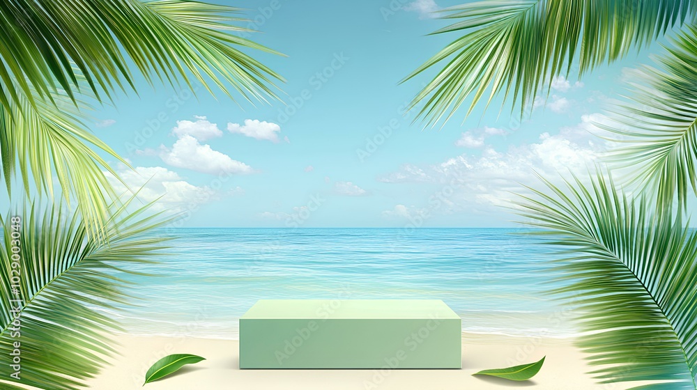 Obraz premium A serene beach scene with palm leaves framing a pastel-green block near calm turquoise waters and a clear sky.