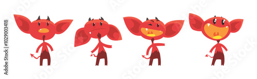 Red Devil Character with Horns and Face Emotion Vector Set