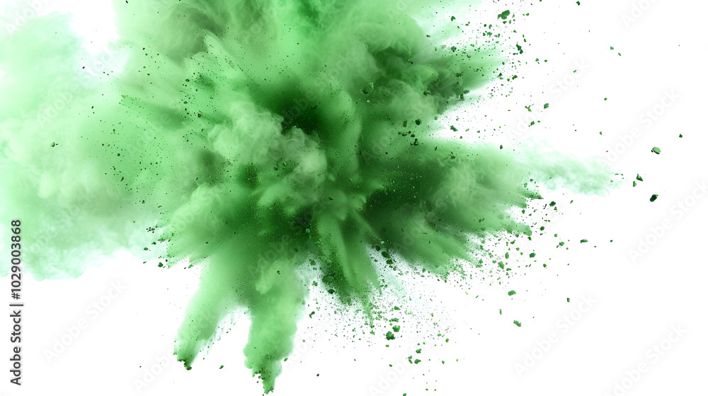Green powder explosion on white background,Bright explosive paint powder on a transparent background Green powder explosion on white background,Bright explosive paint powder on a transparent background