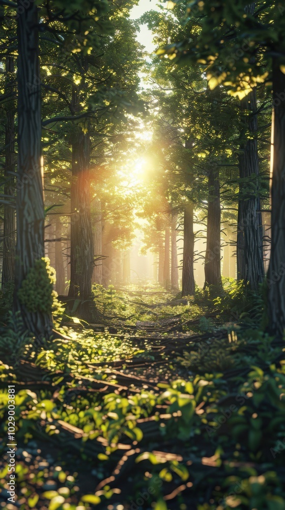 Fototapeta premium Peaceful forest with sunlight filtering through the trees, 4K hyperrealistic photo