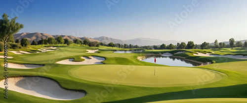 Golf course green with sand traps and flags on sunny day