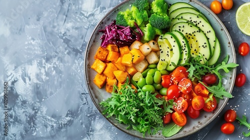 Vibrant vegan buddha bowl with fresh vegetables and grains for healthy eating