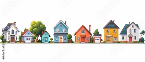 Colorful Row of Unique Houses with Green Trees