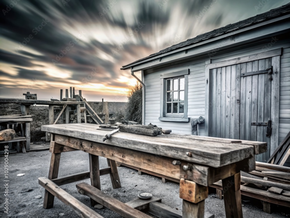 Obraz premium Long Exposure of an Old Wooden Carpenter's Work Horse in Construction Settings