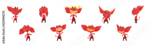 Red Devil Character with Horns and Face Emotion Vector Set