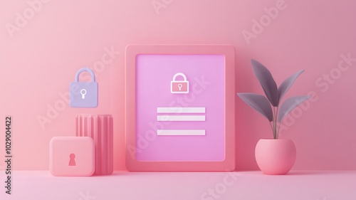 A modern, minimalistic pink display featuring a login form, a lock symbol, and a potted plant, all against a soft pink background.