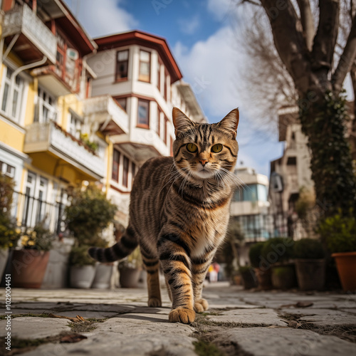 Tabby cat on a city street with buildings in the background