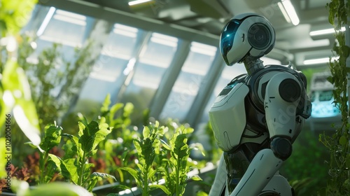 A farming robot tending to crops in a futuristic greenhouse, with glowing plants and advanced equipment