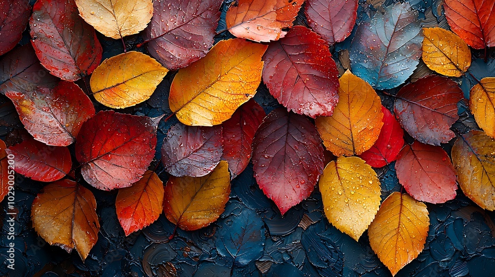 Vibrant autumn leaves with raindrops on a dark blue background. Vibrant autumn leaves with raindrops on a dark blue background.