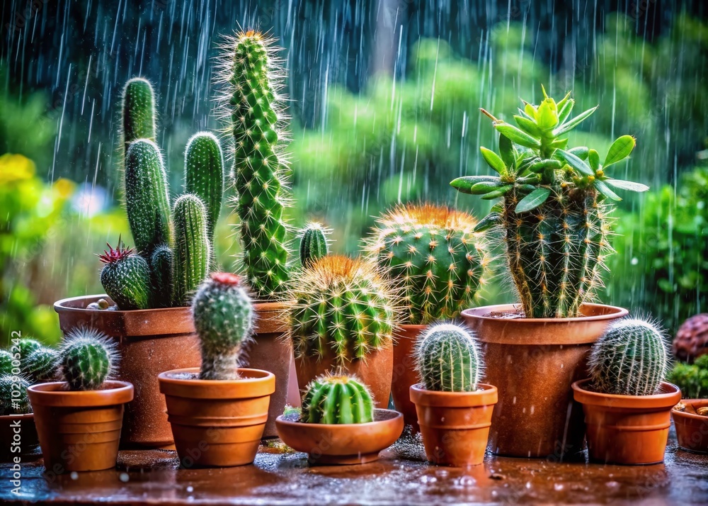 Long Exposure of Cactus Pots in Rainy Weather for Stunning Visuals Long Exposure of Cactus Pots in Rainy Weather for Stunning Visuals