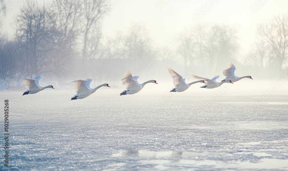 Fototapeta premium White swans fly over icy water.