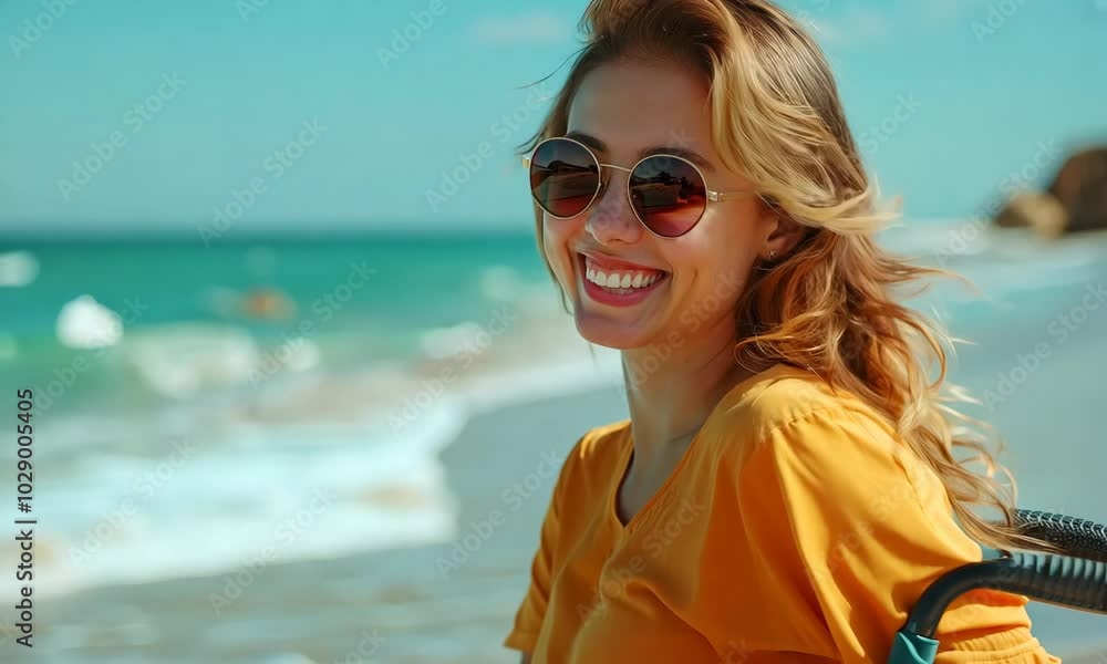 Woman in a wheelchair with arms raised, embracing freedom and joy on a sunny beach, symbolizing empowerment and inclusivity Woman in a wheelchair with arms raised, embracing freedom and joy on a sunny beach, symbolizing empowerment and inclusivity