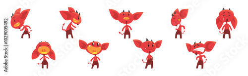 Red Devil Character with Horns and Face Emotion Vector Set