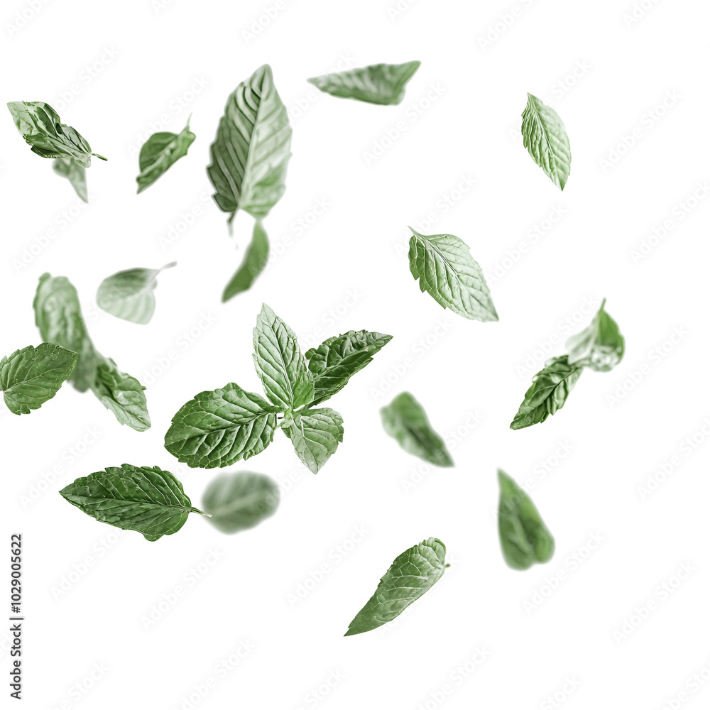 Fototapeta premium Floating Green Mint Leaves Against Black Background