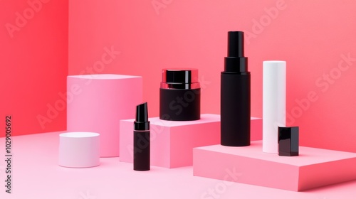 A chic template for showcasing your beauty brand's product packaging, including skincare bottles, makeup cases, and lip gloss tubes.