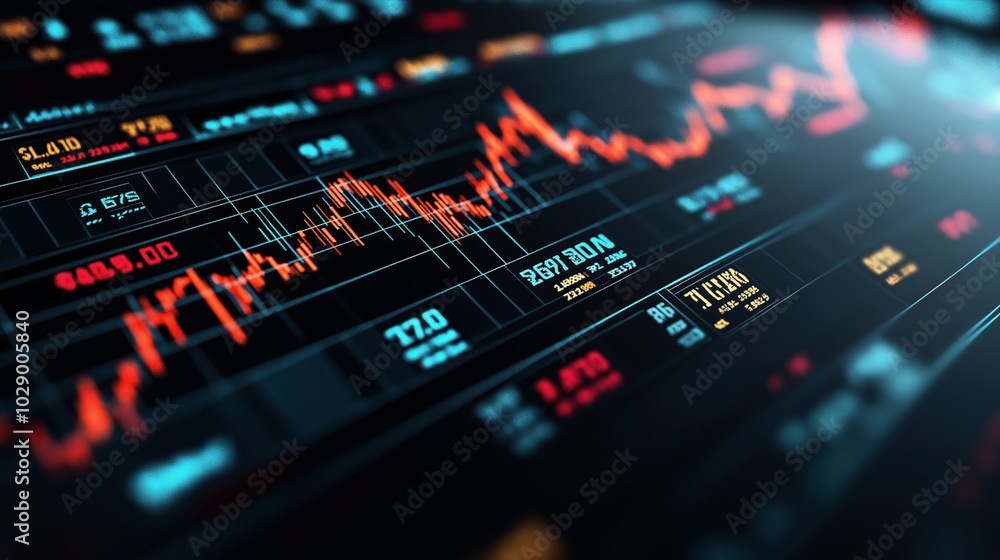 Close-up view of an electronic financial chart with red and blue line graphs showing stock market data and figures. Close-up view of an electronic financial chart with red and blue line graphs showing stock market data and figures.