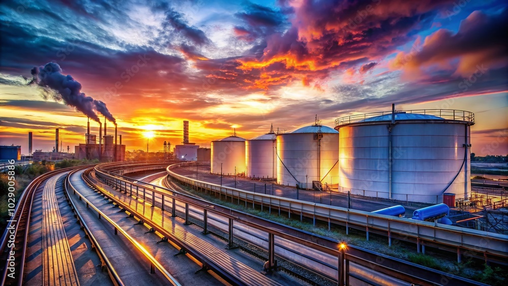 Fototapeta premium Long Exposure of Fenced Oil Terminal with Crude Tanks and Travel Iconography for Industrial Photography