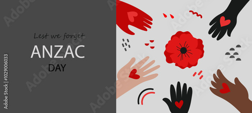 Red bright poppy flower. Memorial Day, Anzac Day. Lest We forget. international symbol of peace.Vector abstract hand drawn line art banner for Remembrance Day. 