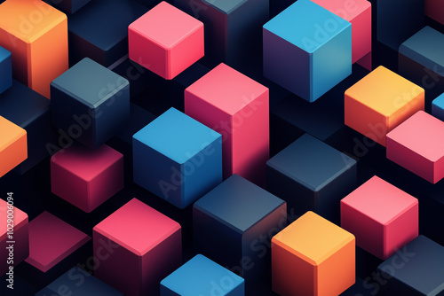 Abstract Stacked Geometric Cubes in Bright Colors on Dark Background in 3D Style