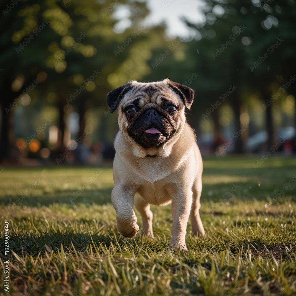 A pug dog walks towards the camera with its tongue sticking out. It is a sunny day with green grass and trees in the background. A pug dog walks towards the camera with its tongue sticking out. It is a sunny day with green grass and trees in the background.