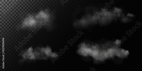 Fog or smoke, white smog clouds on floor, isolated transparent special effect. Vector illustration, morning fog over land or water surface, magic haze.