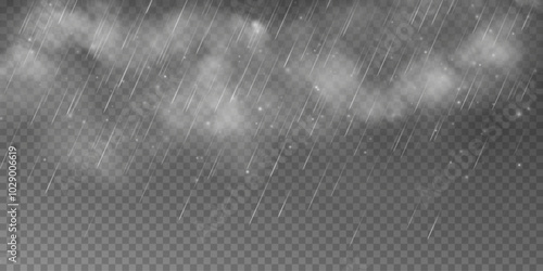The image shows raindrops on a transparent background. The second image shows a downpour with rain and white clouds isolated on a transparent background. The third image shows a downpour with hail. Th
