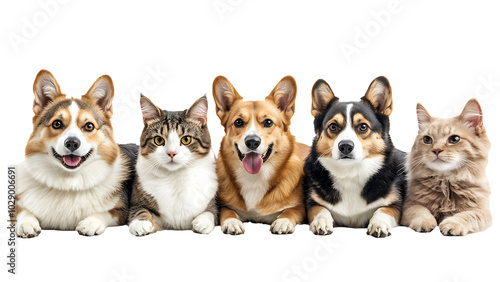 Dogs and cats lined up on a transparent background.