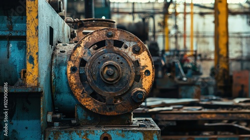 Damaged industrial machinery requiring repair in a workshop.