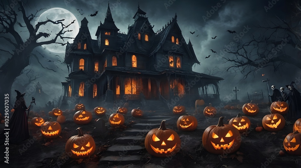 Scary Haunted House, Pumpkin, Witch, Devil, Skeleton, Grave, Halloween Scary Haunted House, Pumpkin, Witch, Devil, Skeleton, Grave, Halloween