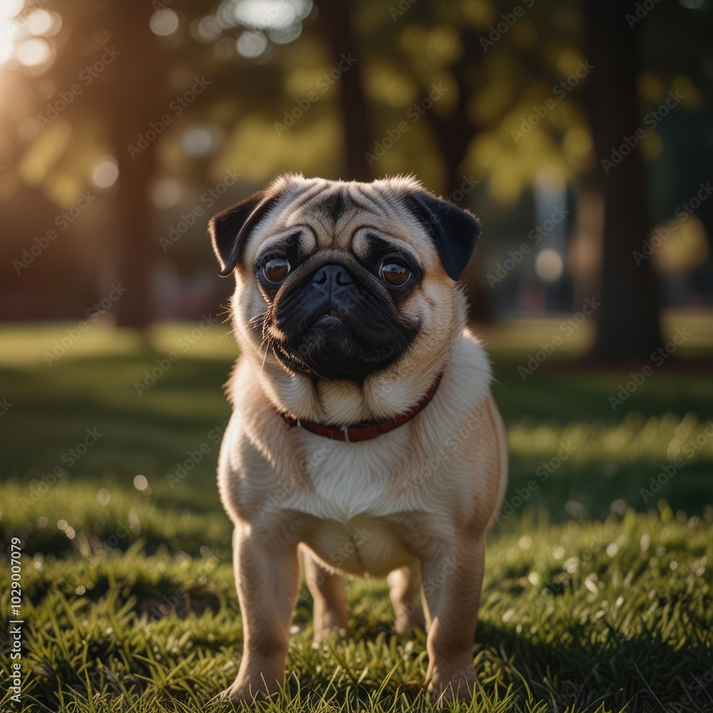 A pug dog stands on green grass, looking at the camera, with a warm, glowing light in the background. A pug dog stands on green grass, looking at the camera, with a warm, glowing light in the background.