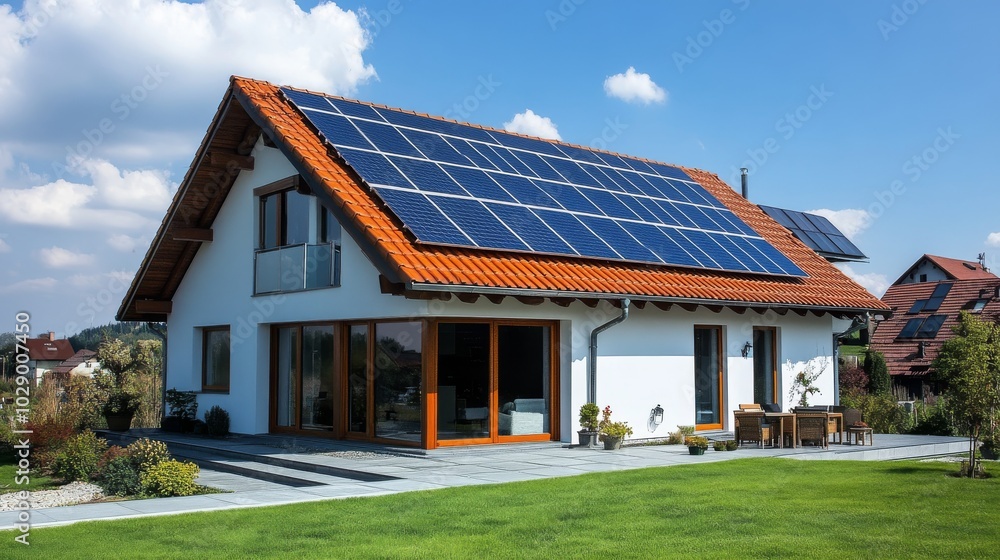 Modern house with photovoltaic solar cells on the roof for alternative energy production Modern house with photovoltaic solar cells on the roof for alternative energy production