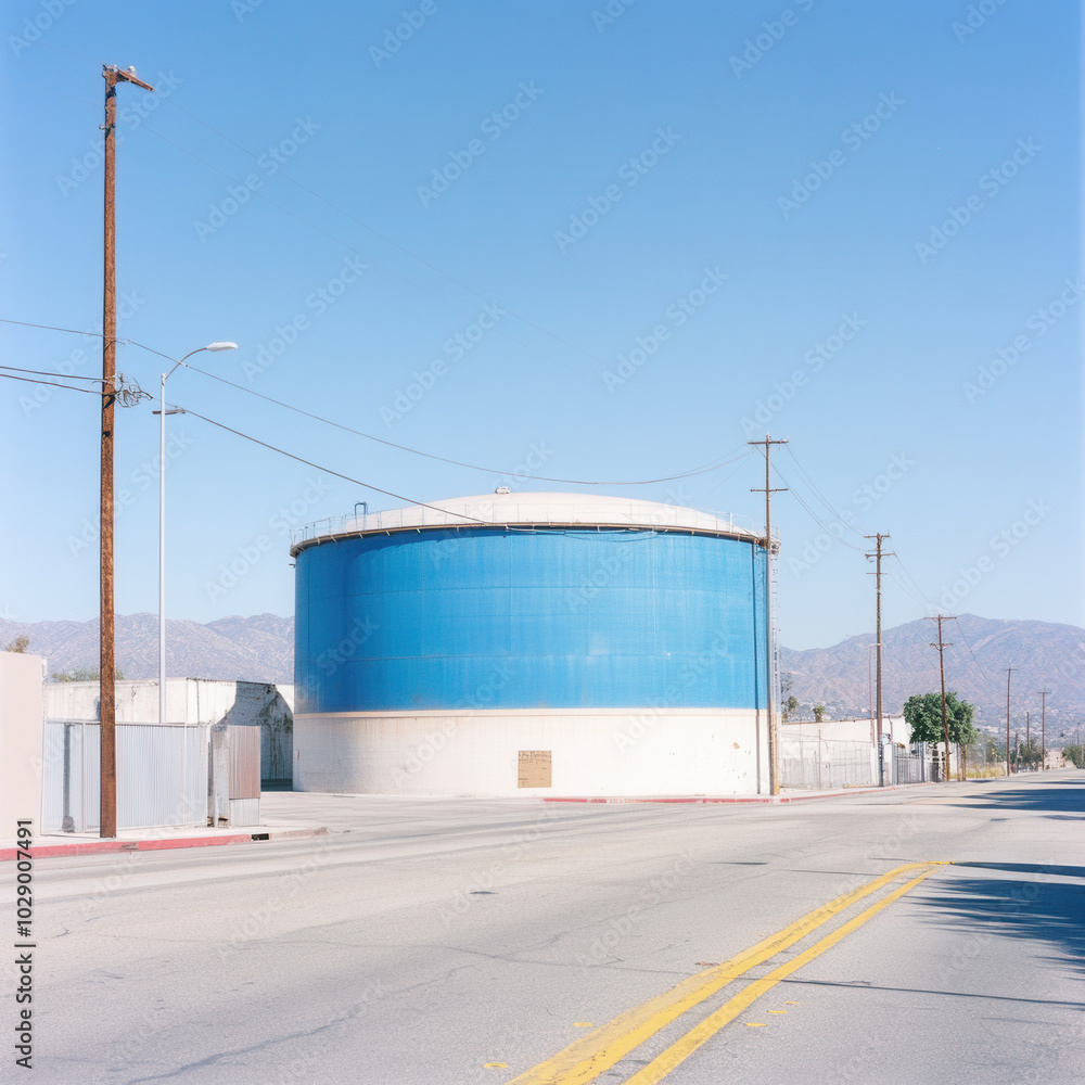 Blue Water Tank Against Clear Sky Blue Water Tank Against Clear Sky