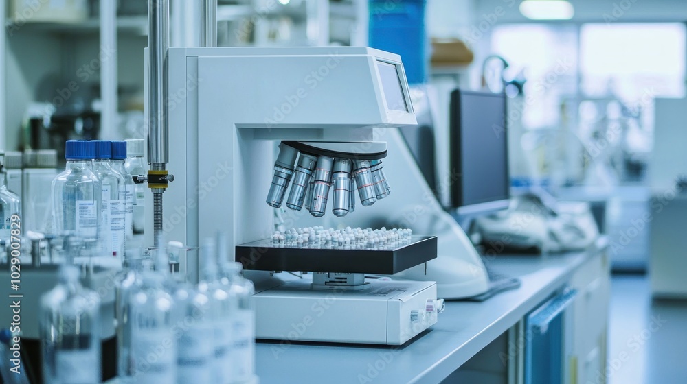 High-tech equipment used in the production of medications displayed in a lab. High-tech equipment used in the production of medications displayed in a lab.