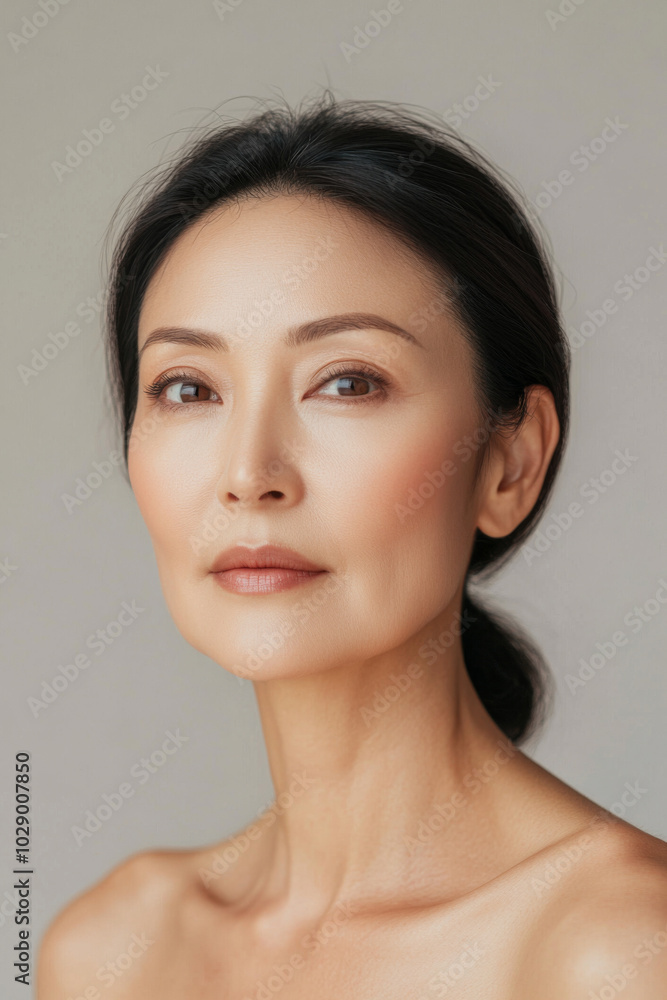 Portrait of middle-aged East Asian woman with neutral expression against plain background Portrait of middle-aged East Asian woman with neutral expression against plain background