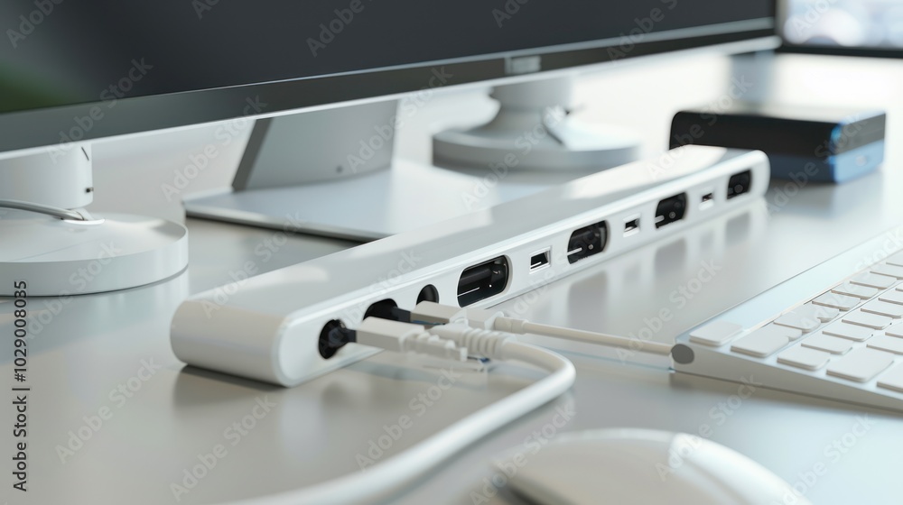 White USB Hub with Cables and a White Keyboard on a Desk White USB Hub with Cables and a White Keyboard on a Desk