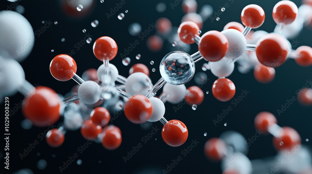 Close-up view of a molecular structure with red and white spheres connected by gray rods, representing atoms and bonds in a chemical model, against a blurred dark background. Close-up view of a molecular structure with red and white spheres connected by gray rods, representing atoms and bonds in a chemical model, against a blurred dark background.