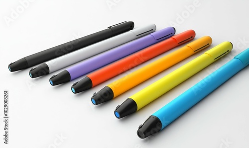 Six colorful pens on a white background.