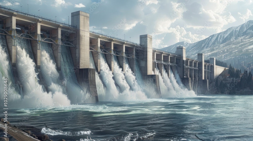 A concrete dam with water rushing over it and creating large splashes A concrete dam with water rushing over it and creating large splashes