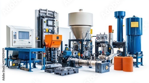 Various types of manufacturing equipment isolated on a white background.