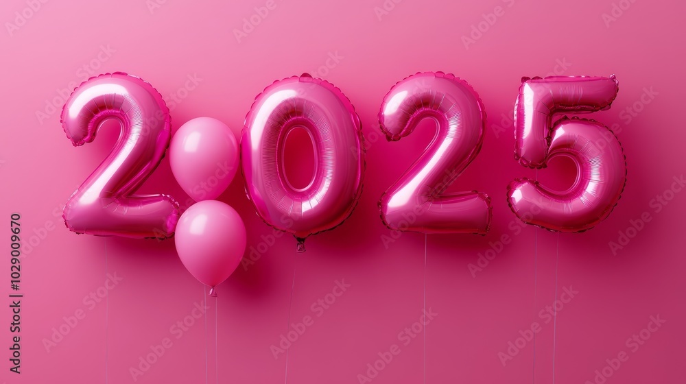 Pink balloons shaped as 2025 year. Christmas background. New Year 2025 Pink balloons shaped as 2025 year. Christmas background. New Year 2025