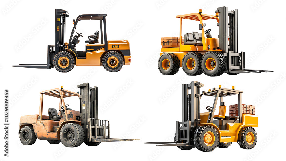 Fototapeta premium Four different types of orange and gray forklifts are shown. on transparent background. 