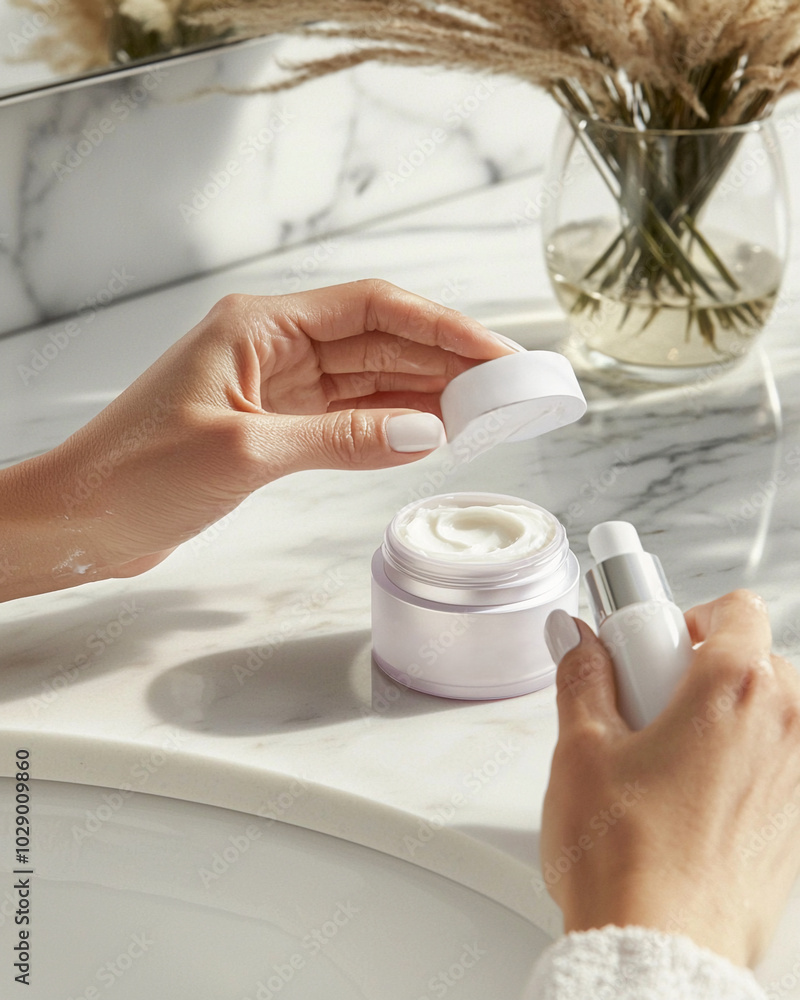 Hands holding the face cream jar. Details, close-up. Space for text, advertising, banner. Clear place, copy Hands holding the face cream jar. Details, close-up. Space for text, advertising, banner. Clear place, copy
