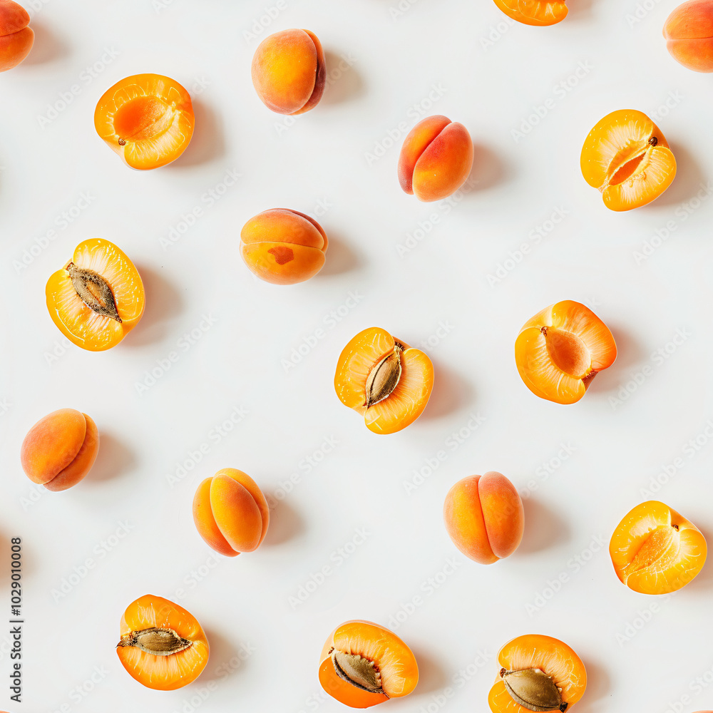 Ripe apricots on a white background. Seamless pattern of fresh harvest, for backdrops, wallpapers, prints and textiles. Ripe apricots on a white background. Seamless pattern of fresh harvest, for backdrops, wallpapers, prints and textiles.