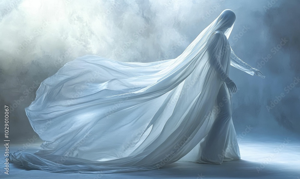 A draped white figure in a misty scene. A draped white figure in a misty scene.