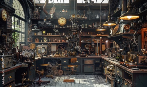 Steam-powered workshop of inventions and curiosities, 4K hyperrealistic photo