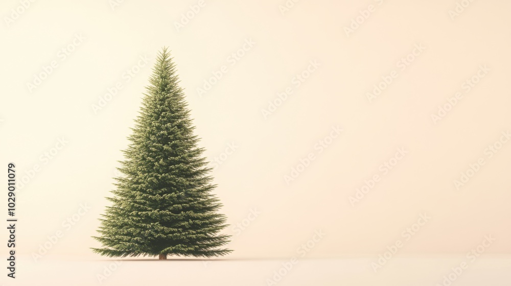 Naklejka premium A solitary evergreen tree stands against a minimalist beige background, its lush green branches and perfect symmetry. the simplicity creates a serene and calming atmosphere. Copy-space, place for text
