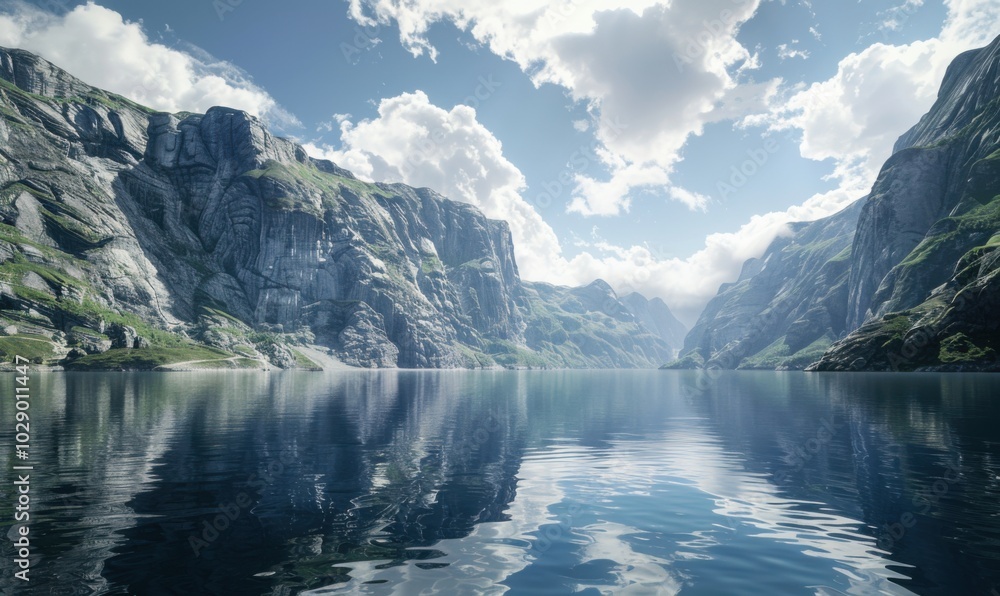 Majestic fjord with steep cliffs and still waters reflecting the sky, 4K hyperrealistic photo Majestic fjord with steep cliffs and still waters reflecting the sky, 4K hyperrealistic photo