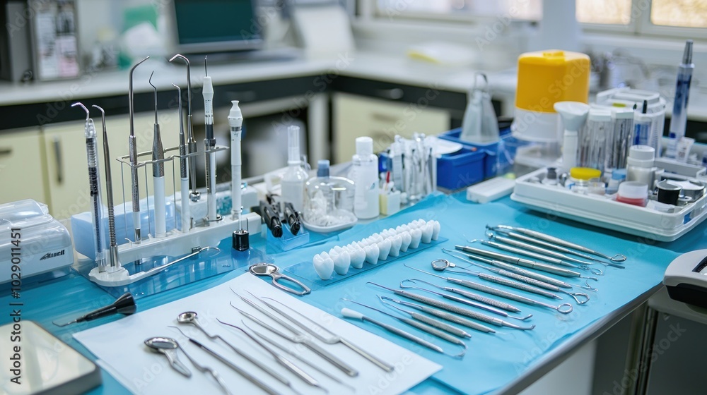 . A set of veterinary dental equipment displayed on a table. . A set of veterinary dental equipment displayed on a table.