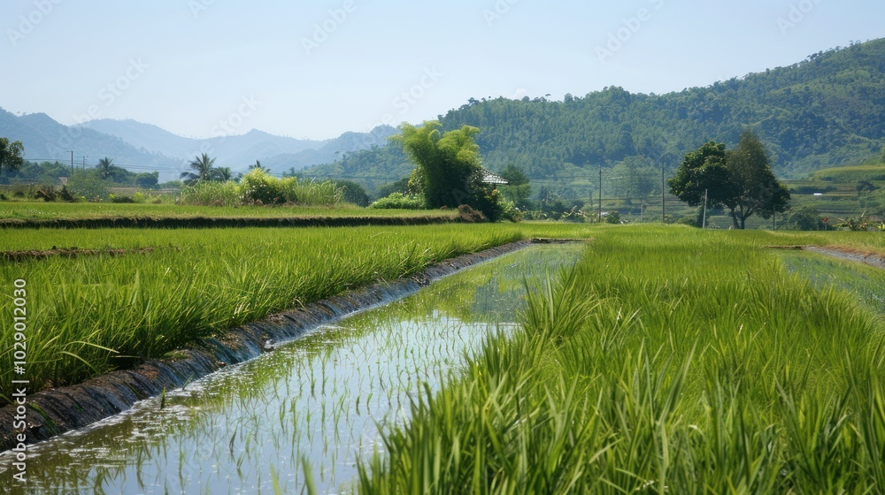 A Water Channel Through Lush Green Rice Paddies with a Mountain Range in the Background A Water Channel Through Lush Green Rice Paddies with a Mountain Range in the Background